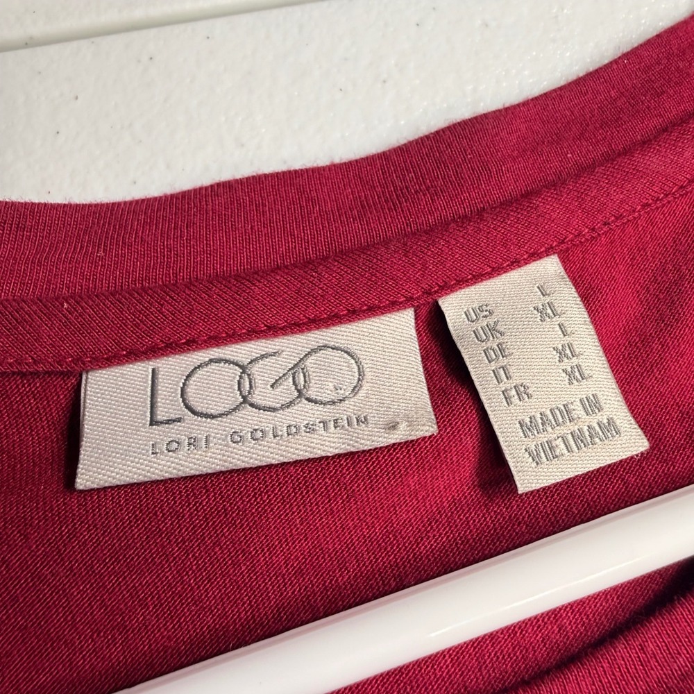 LOGO Lori Goldstein Sharkbite Tunic Top Berry Red Side Button Pocket Large - Picture 6 of 9